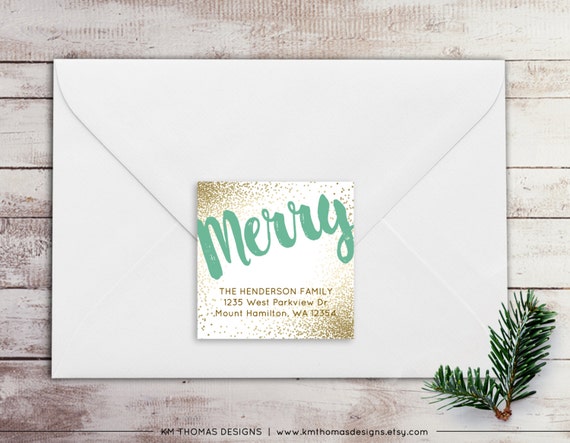 Merry Return Address Label - Square Label - Holiday Return Address Label - Gold Christmas Label - Printable Green Address Label - WH219 Il_570xn