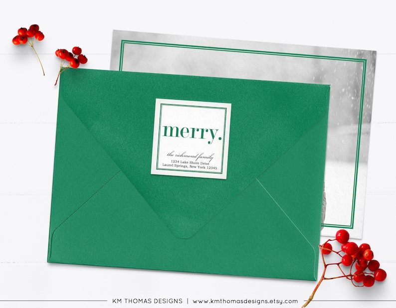 Merry Return Address Label Christmas, Holiday Mailing Sticker Printable, Square Red Label Personalized WH107 Green