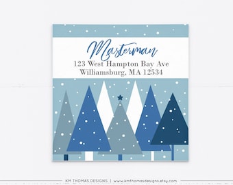 Blue Christmas Return Address Label Printable, Holiday Address Label Sticker with Trees, WH116