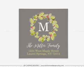 Printable Return Address Label, Square Label, Christmas Return Address Label, Holiday Wreath, Holiday Return Address Label, WH105