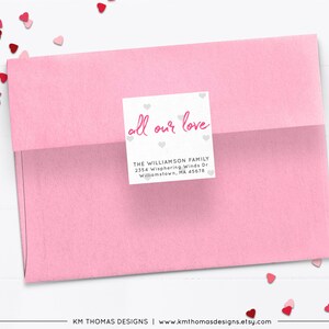 Blue All Our Love Return Address Label with Hearts, Printable Valentine Return Mail Sticker, VA102 Bright Pink