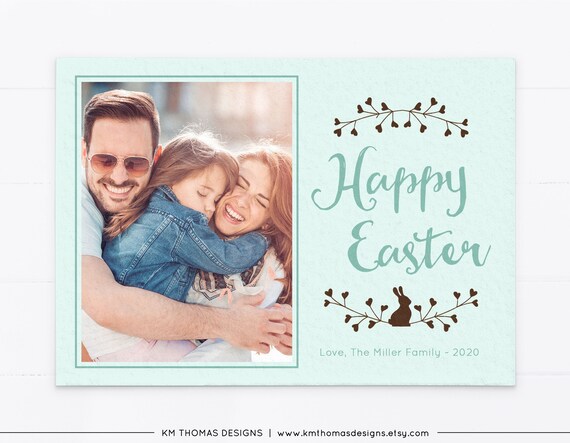 Easter Photo Card with Bunny, Personalized Easter Card Green, EA101 Il_570xn