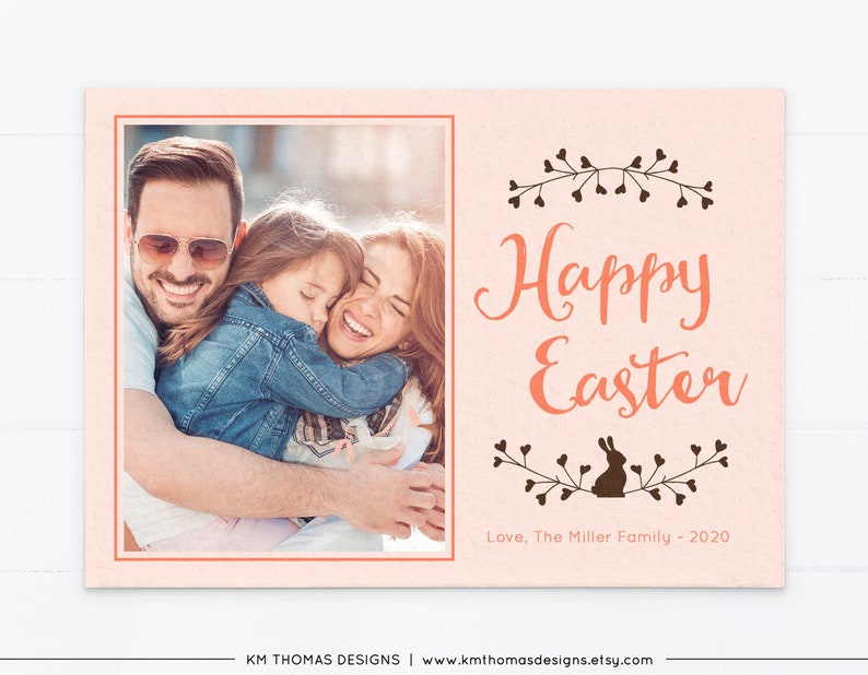 Bunny Easter Card with Photo, Personalized Picture Card Pink, EA101 Peach