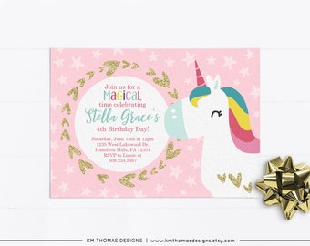 Pink Unicorn Birthday Invitation for Girls,  BD204