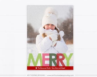 Red Christmas Photo Card Merry, Printable Holiday Card with Photo, WH108