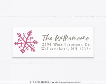 Holiday Return Address Label Personalized with Snowflake, Printable Christmas Mailing Label Rectangle Pink, WH128
