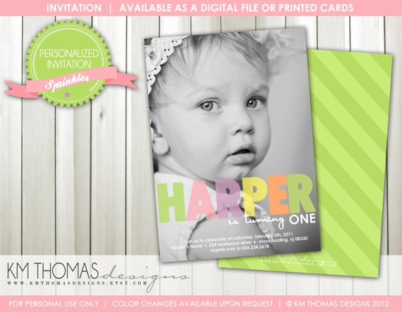 1st Birthday Photo Invitation, First Birthday Invitation for Girls, Girl Birthday Party, Printable Milestone Invitation, Personalized BD102 Il_570xn