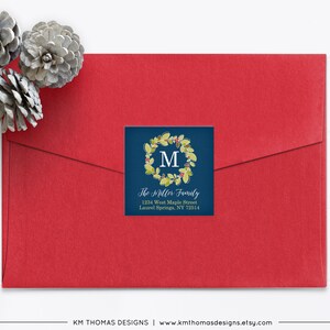 Christmas Return Address Label Printable, Square Holiday Label Wreath, Monogram Initial Green, WH105 Navy