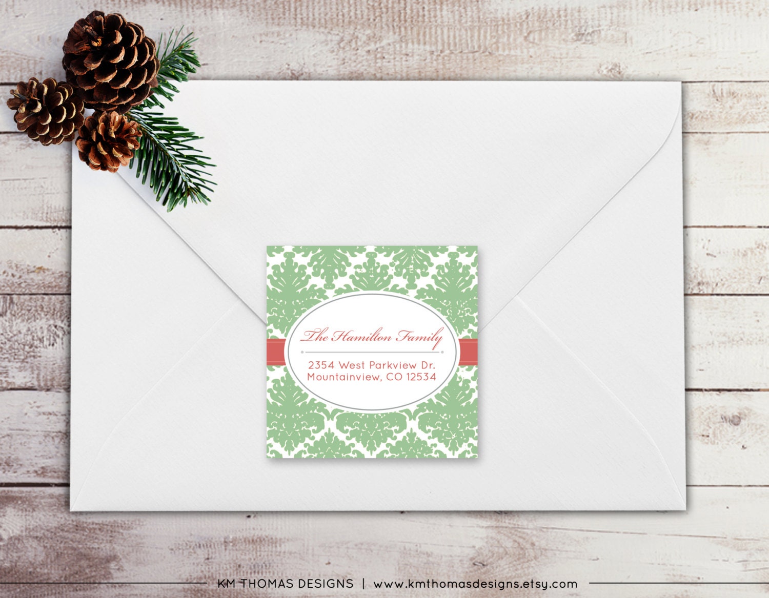 Custom Return Address Label: Square Label - Holiday Return Address Label - Damask Christmas Label - Return Address Sticker - WH139