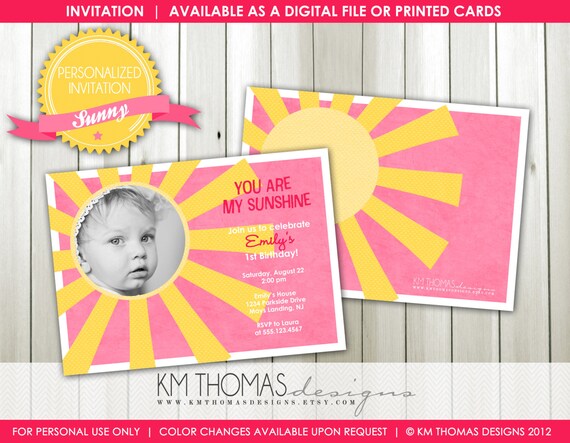 Sunshine Birthday Invitation, Printable Girl Birthday Invitation, Sunshine Party, You Are My Sunshine Invitation, Pink Birthday Party, BD116 Il_570xn