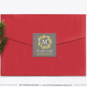 Christmas Return Address Label Printable, Square Holiday Label Wreath, Monogram Initial Green, WH105 Castle Gray