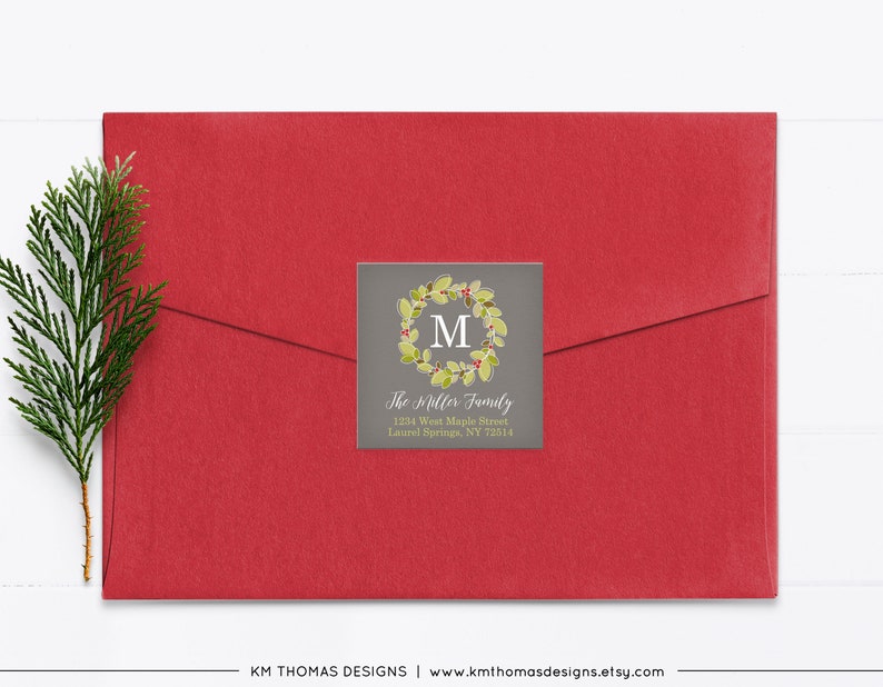 Christmas Return Address Label Printable, Square Holiday Label Wreath, Monogram Initial Green, WH105 image 5