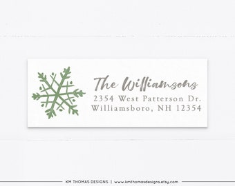 Printable Christmas Return Address Sticker with Snowflake, Personalized Holiday Mailing Label Rectangle Green, WH128