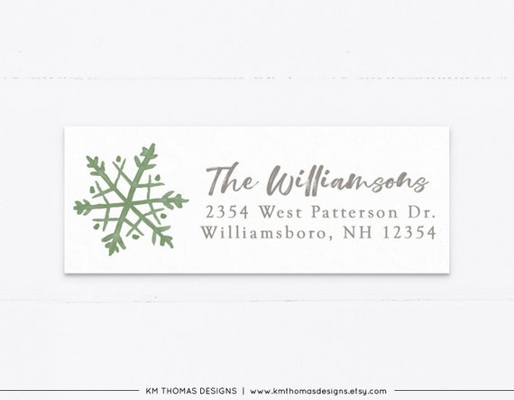 Printable Christmas Return Address Sticker With Snowflake Personalized Holiday Mailing Label Rectangle Green Wh128 By Km Thomas Designs Catch My Party