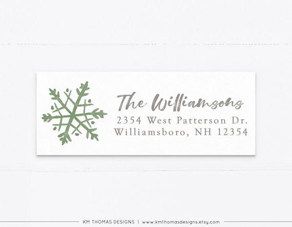 Printable Christmas Return Address Sticker With Snowflake Personalized Holiday Mailing Label Rectangle Green Wh128 By Km Thomas Designs Catch My Party