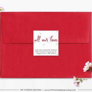 Blue All Our Love Return Address Label with Hearts, Printable Valentine Return Mail Sticker, VA102 Red