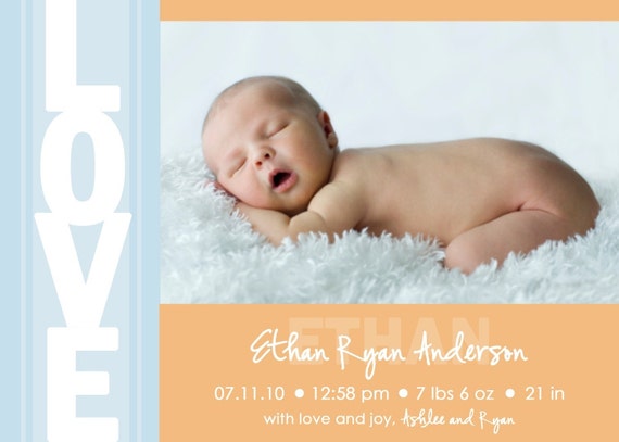 Printable Photo Birth Announcement - Baby Boy Announcement - Baby Adoption Announcement - Boy Announcement - Blue and Orange - Love Il_570xn