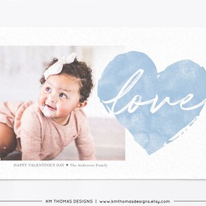 Tarjeta fotográfica de San Valentín imprimible en azul, Tarjeta del día de San Valentín con corazón de acuarela, VA103