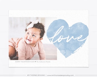 Blue Printable Valentine Photo Card, Valentines Day Card with Watercolor Heart, VA103