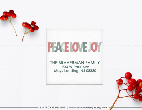 Holiday Address Label Printable, Christmas Return Address Label Sticker Peace Love Joy, Red and Green Label, WH117 Il_570xn