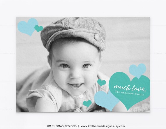 Valentines Day Picture Card, Photo Card with Blue Hearts, VA104 Il_570xn