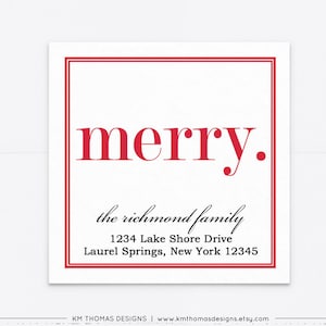 Merry Return Address Label Christmas, Holiday Mailing Sticker Printable, Square Red Label Personalized WH107 Red