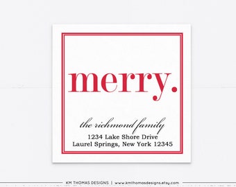 Merry Return Address Label Christmas, Holiday Mailing Sticker Printable, Square Red Label Personalized - WH107