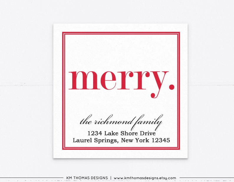 Merry Return Address Label Christmas, Holiday Mailing Sticker Printable, Square Red Label Personalized WH107 Red