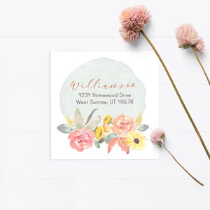 Floral Return Address Label, Printable Square Label, Autumn Mailing Label, Peach Watercolor Flowers, Fall Holiday Address Sticker - FA101