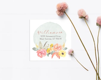 Floral Return Address Label, Printable Square Label, Autumn Mailing Label, Peach Watercolor Flowers, Fall Holiday Address Sticker - FA101