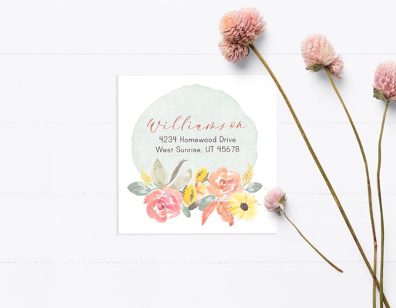 Floral Return Address Label, Printable Square Label, Autumn Mailing Label, Peach Watercolor Flowers, Fall Holiday Address Sticker - FA101 Il_570xn