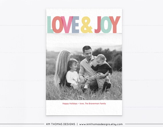 Printable Holiday Photo Card Love and Joy, Bright Modern Christmas Card with Photo, Personalized Holiday Card, WH117 Il_570xn