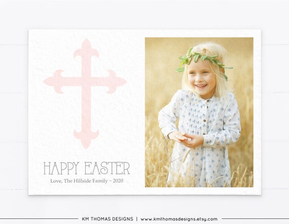 Easter Photo Card with Cross, Printable Easter Card with Photo Pink, EA104 Il_570xn
