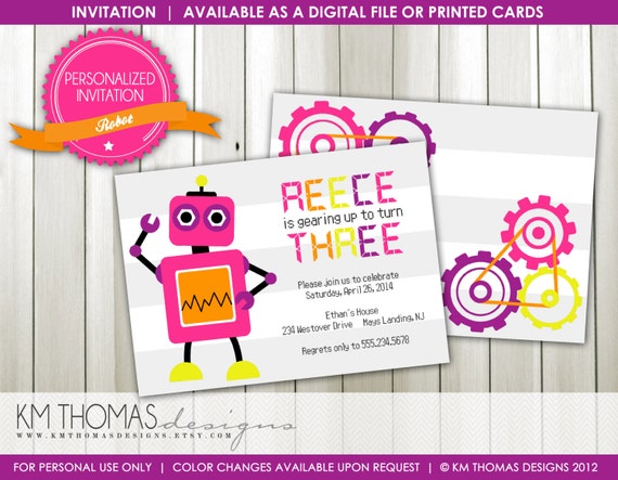 Robot Birthday Invitation : Personalized Printable Girl Birthday Invitation - Girl Robot Theme Party - Item 186 Il_570xn