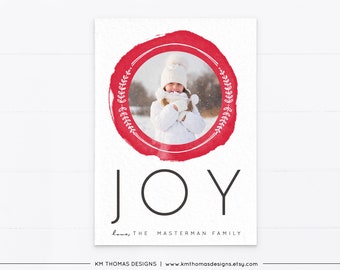 Joy Holiday Card Photo Red, Christmas Photo Card Printable, Custom Photo Family Christmas Card Personalized, Watercolor Wreath, WH213