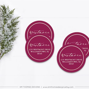 Personalized Return Address Sticker Round, Holiday Address Label Printable, Christmas Return Mailing Label Green, WH126 Plum