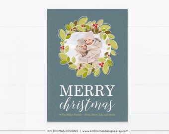 Christmas Card with Photo Printable, Holiday Photo Card Blue, Card with Wreath, WH105