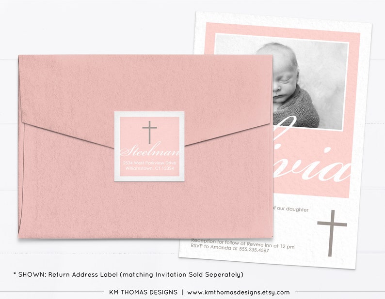 Return Address Label Sticker for Baptism Invitation, Printable Religious Address Label Pink, R103 image 4