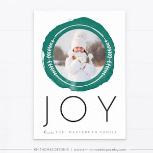 Joy Weihnachtskarte mit Foto, Foto Weihnachtskarte druckbar, Aquarell Kranz grün, benutzerdefinierte Karte personalisiert, WH213