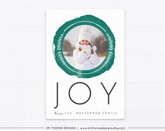 Joy Christmas Card with Photo, Photo Holiday Card Printable, Watercolor Wreath Green, Custom Card Personalized, WH213