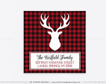 Christmas Return Address Label Antlers, Red Plaid Background, WH104