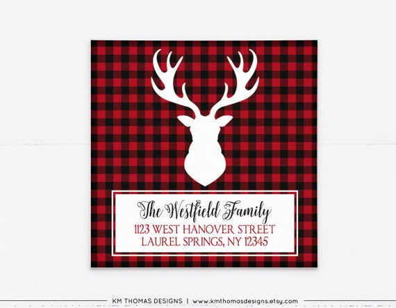 Christmas Return Address Label Antlers, Red Plaid Background, WH104 Il_570xn