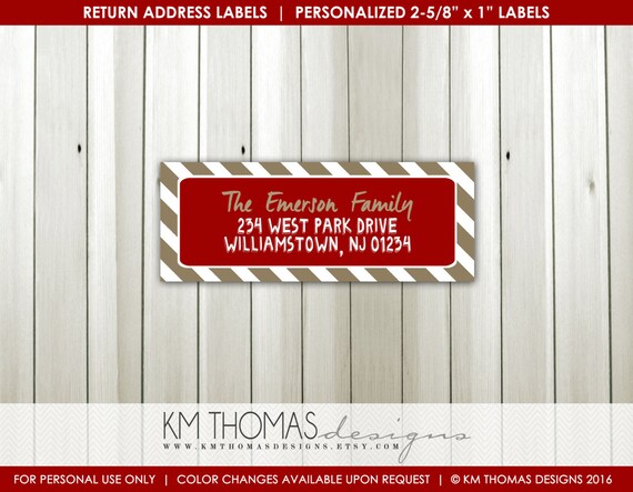 Return Address Label - Printable Return Address Sticker - Rectangular Label - Personalized Label - Peppermint Stripes - Tan Red - WH114 Il_570xn