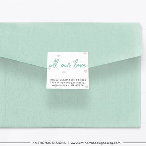 Blue All Our Love Return Address Label with Hearts, Printable Valentine Return Mail Sticker, VA102 Mint