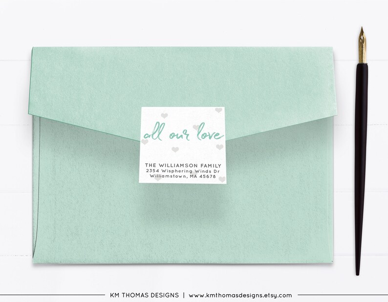 Blue All Our Love Return Address Label with Hearts, Printable Valentine Return Mail Sticker, VA102 Mint