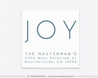 Christmas Return Address Sticker Joy, Square Holiday Address Label Blue, Personalized Family Mailing Label, WH214