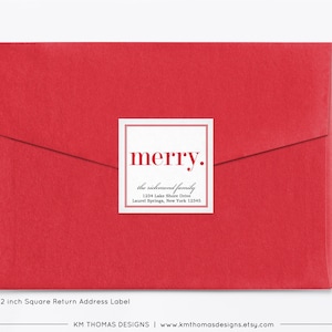 Merry Return Address Label Christmas, Holiday Mailing Sticker Printable, Square Red Label Personalized WH107 image 2