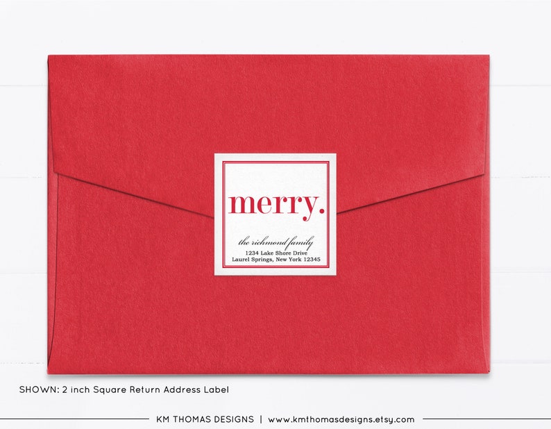 Merry Return Address Label Christmas, Holiday Mailing Sticker Printable, Square Red Label Personalized WH107 image 2