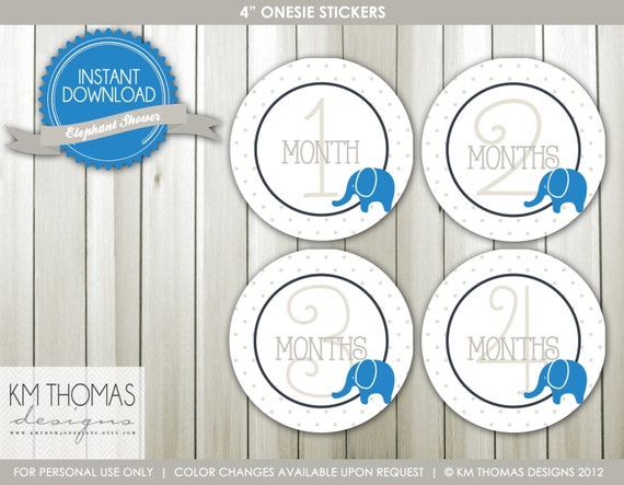 Elephant Baby Shower: Monthly Onesie Stickers - Photo Prop - Monthly Milestone - INSTANT DOWNLOAD #187 Il_570xn