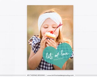 Valentines Day Card with Photo, Modern Photo Card with Aqua Heart, Lots of Love Label, VA107